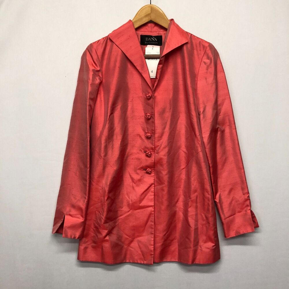 NWT Vintage Dana Buchman Nordstrom Women Silk Shirt Jacket Size 4 Coral M150 -27